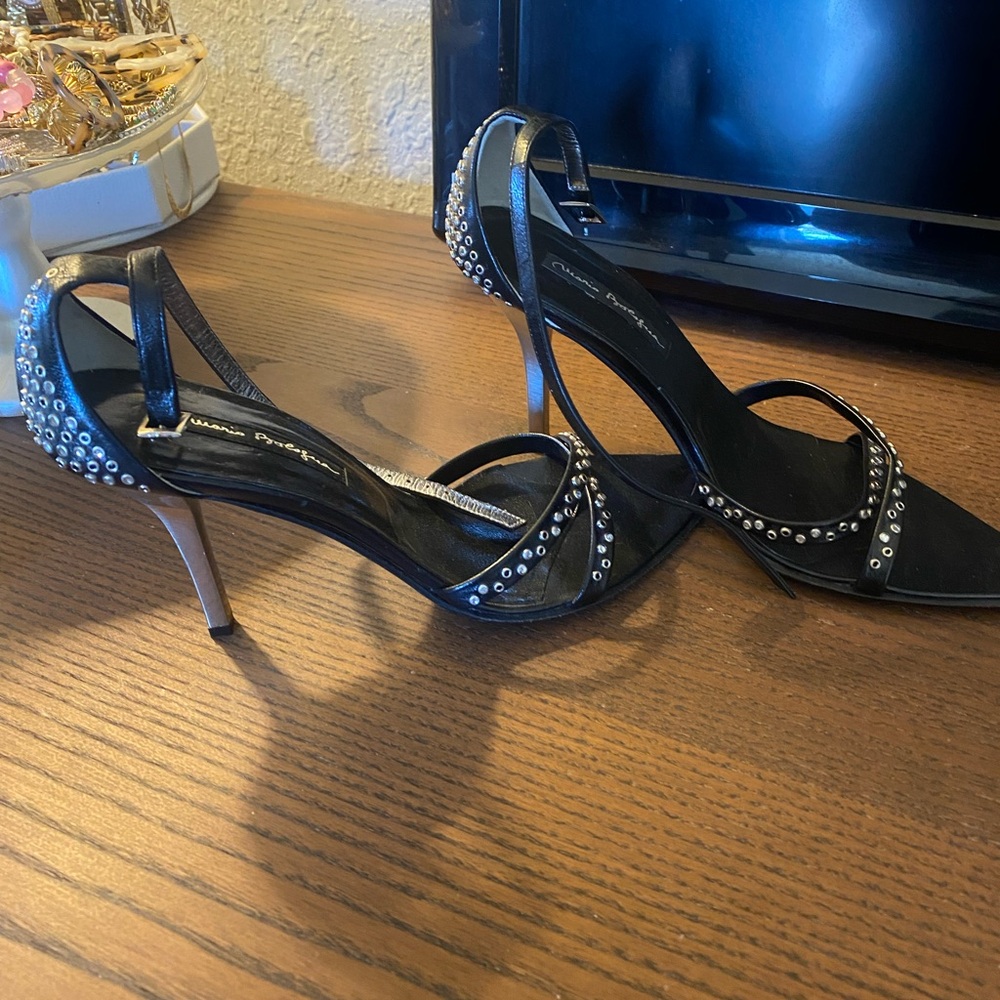 Mario Bologna Black Studded Sandal Ankle Strap Silver Vintage Heel